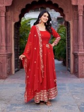 Stylish Look Red Faux Georgette Gown With Bottom Dupatta For Girls Party Wear