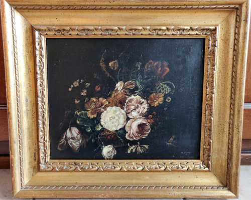 Antico dipinto olio su tela natura morta fiori copia da Rachel Ruysch in cornice