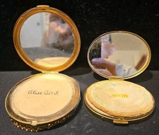 2 Vtg Mirror Compacts Avon Oval Green & Blue Enameled peacock & Blue Bird Gold