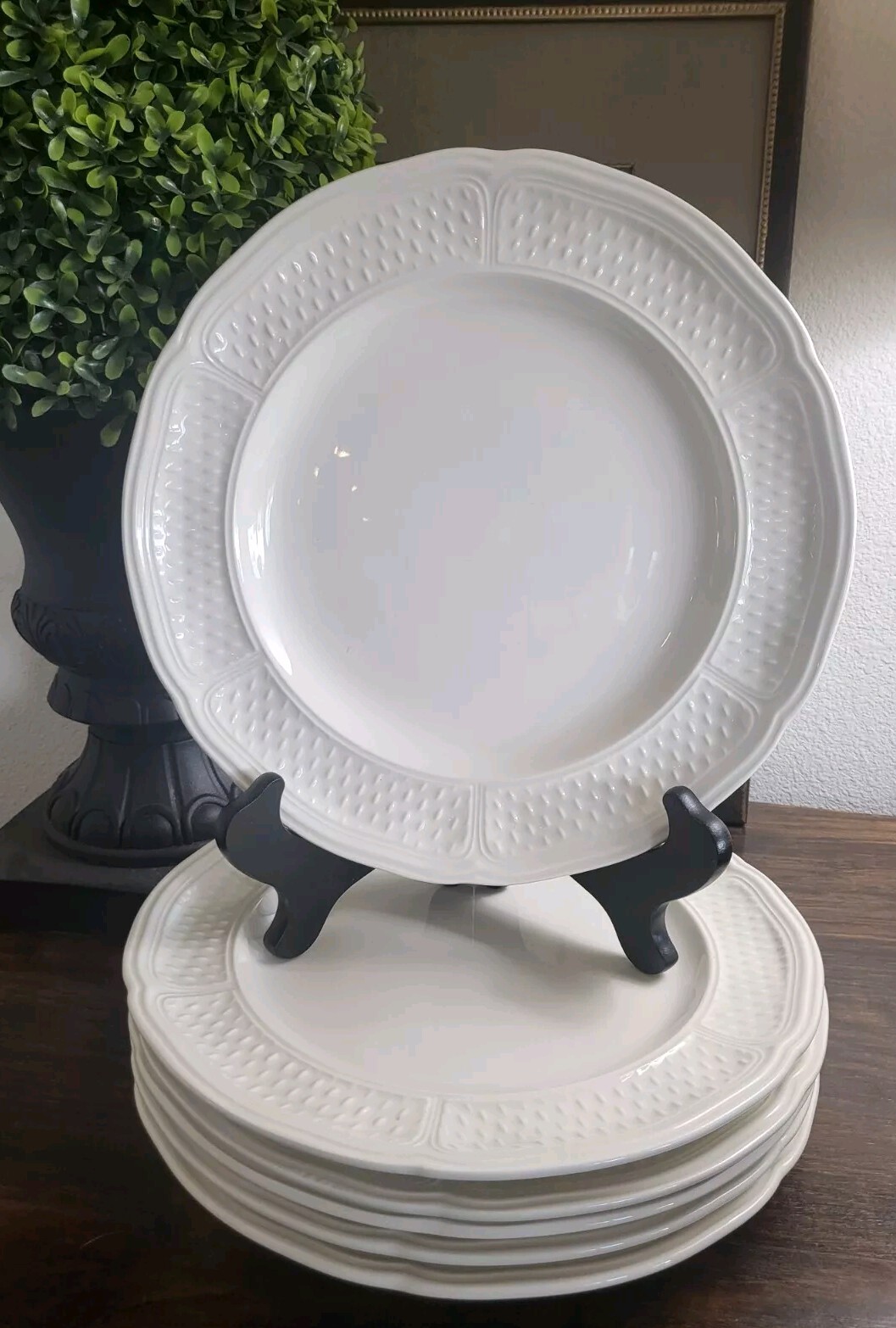 Set Of Six GIEN Cream Color Dinner Plates Pont aux Choux Grains de Riz HTF RARE