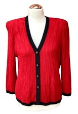 ST JOHN COLLECTION JACKET RED/BLACK GOLD LOGO BUTTONS TEXTURED KNIT WOOL BLEND 6