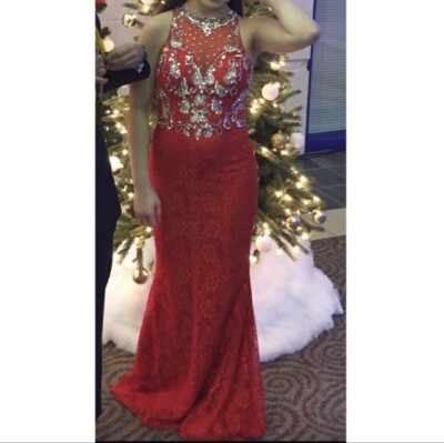 Long Mermaid Style Prom Dress Red Lace Size 2 Beautiful Crystal Detail-see  measu | eBay