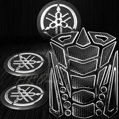 24PCs Perforated Black+Chrome Fuel Tank Pad+2'' 3D for Yamaha Logo Emblem Sticker