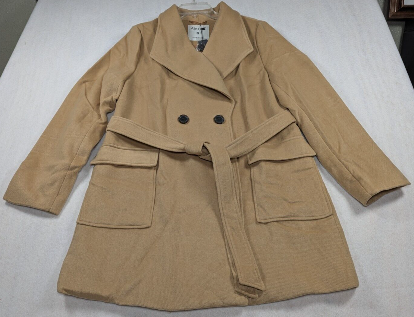 Allegra K Womens Khaki Stand Collar Belted Long Coat Size XL  