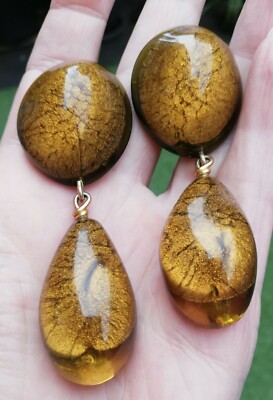 Boucles D'oreilles Clips Vintage Années 80 - Pendantes En Bakélite Marron Doré