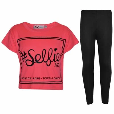 A2Z 4 KIDS® Kids Girls #Selfie Print Stylish Neon Pink Crop Top & Fashion Legging Sets 5-13Y