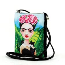 Frida Kahlo Handbag Purse Pink Rose Cat Artist Art Mexicana Crossbody Gift