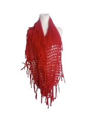 Pashimina Infinity Wrap Circle Scarf Red Silk Cashmere Fringe Unique Statement 