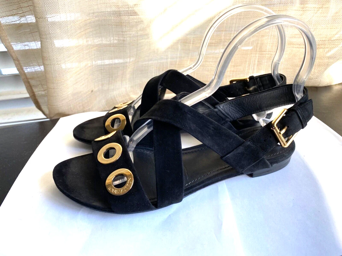 LOUIS VUITTON BLACK SUEDE Leather SANDALS FLATS SIZE 39-8.5- 10 long $1350