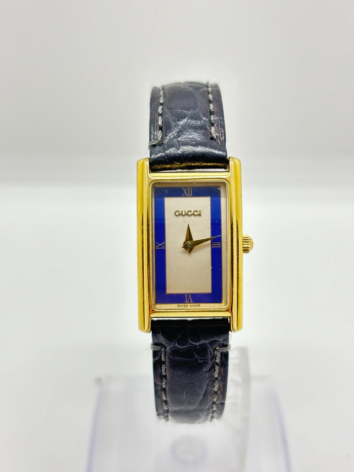 [Exc+5] GUCCI 2600L Gold Blue Rectangle Womens Watch Vintage Used Working F/S