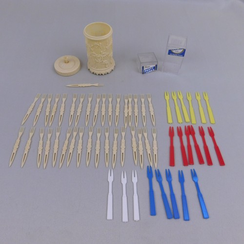 Vintage Lot Hors D'oeuvre Party Forks & Lattice Rose Holder with Lid 65pc