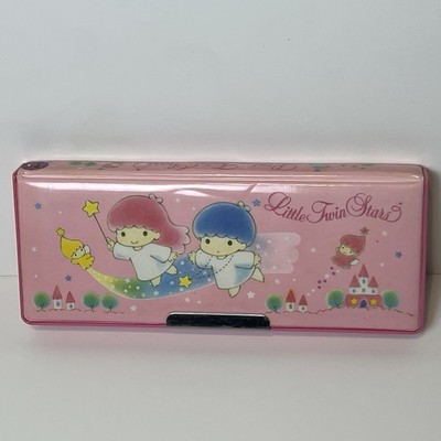Vintage 1991 Sanrio Little Twin Stars Pink Pencil Box Case Puffy Kiki Lala