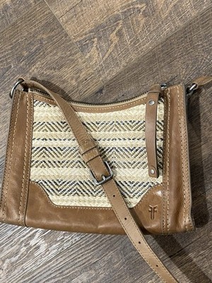 Frye Melissa Straw and Leather Shopper Crossbody Bag Beige brown multi