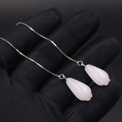 Reines S925 Sterlingsilber mit weißer Jade Blume Damen Ohrringe Ohrhänger Haken