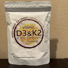 Vitamin D3 10000 iu Plus K2 MK-7 200 mcg, 300 Virgin Coconut Oil Softgels USA