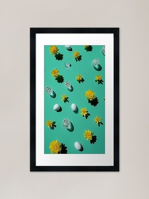 Ostereier und gelbe Blumen auf einem gerahmten Wandbild Poster Leinwanddruck Bild