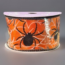 Halloween Wired Craft Ribbon 2.5  10 Yards Flocked Spiders Black Orange White