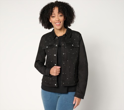 Quacker Factory Women's Jacket Sz L Sparkle Shine Denim Jeanne Black A677827