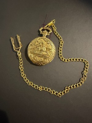 Vintage Style Pocket Watch Gold Tone Embossed Locomotive Train Scene with Chain