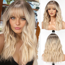 HAIRCUBE Long Wig with Bangs Synthetic Wavy Wigs for Women Blonde Color