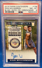 2019-20 Contenders Zion Williamson Premium Green Shimmer Rookie Auto RC /5 PSA 8
