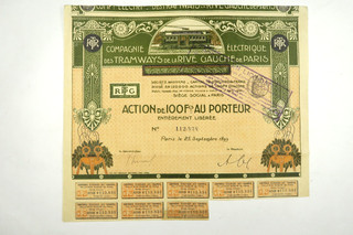 COMPAGNIE ELECTRIQUE DES TRAMWAYS DE LA RIVE GAUCHE DE PARIS 100 FRANCS 1899