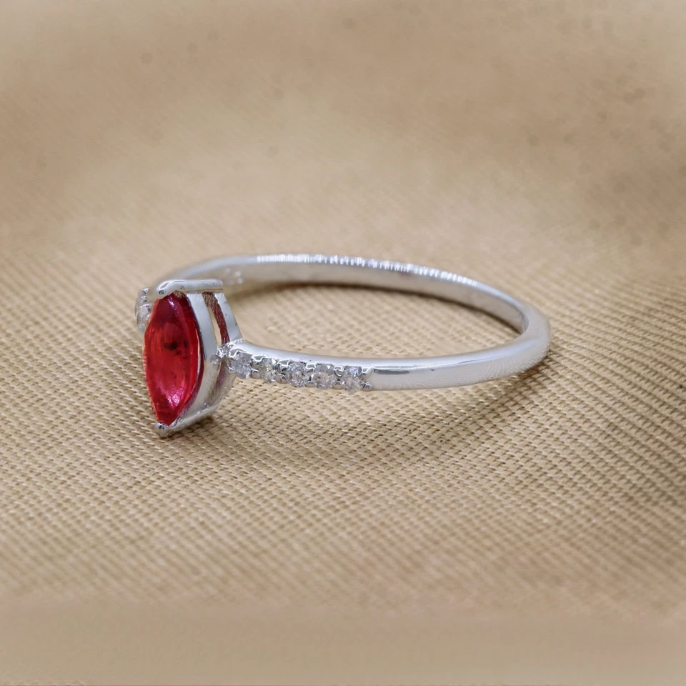 Natural Marquise Cut Solitaire Ruby & Diamond Engagement Ring Handmade Jewelry - Image 2 of 4