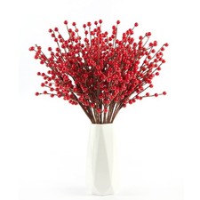 12 Pack Red Berry Stems - 17'' Holly Berries Christmas Decor Picks for Tree