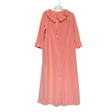 Vintage Peach Pink Fleece Ruffle Collar Button Maxi Robe Nightgown Loungewear
