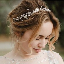 Pearl Bridal Headband Silver Leaf Hair Vine Wedding Head Piece Crystal