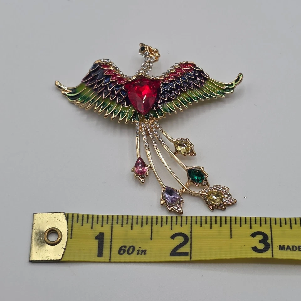 Impresionante Broche Pájaro Fénix Estrás Esmalte Gema Acentos Tono Dorado Prendedor Foto 2 de 4