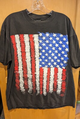 VINTAGE Wild Oats USA Flag 1990 T-shirt Men Black Large DISTRESSED