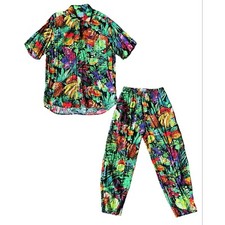 Vintage Jams World Hawaiian 2 Pc Set M 27 x 29 Shirt Pants Floral Fruity USA