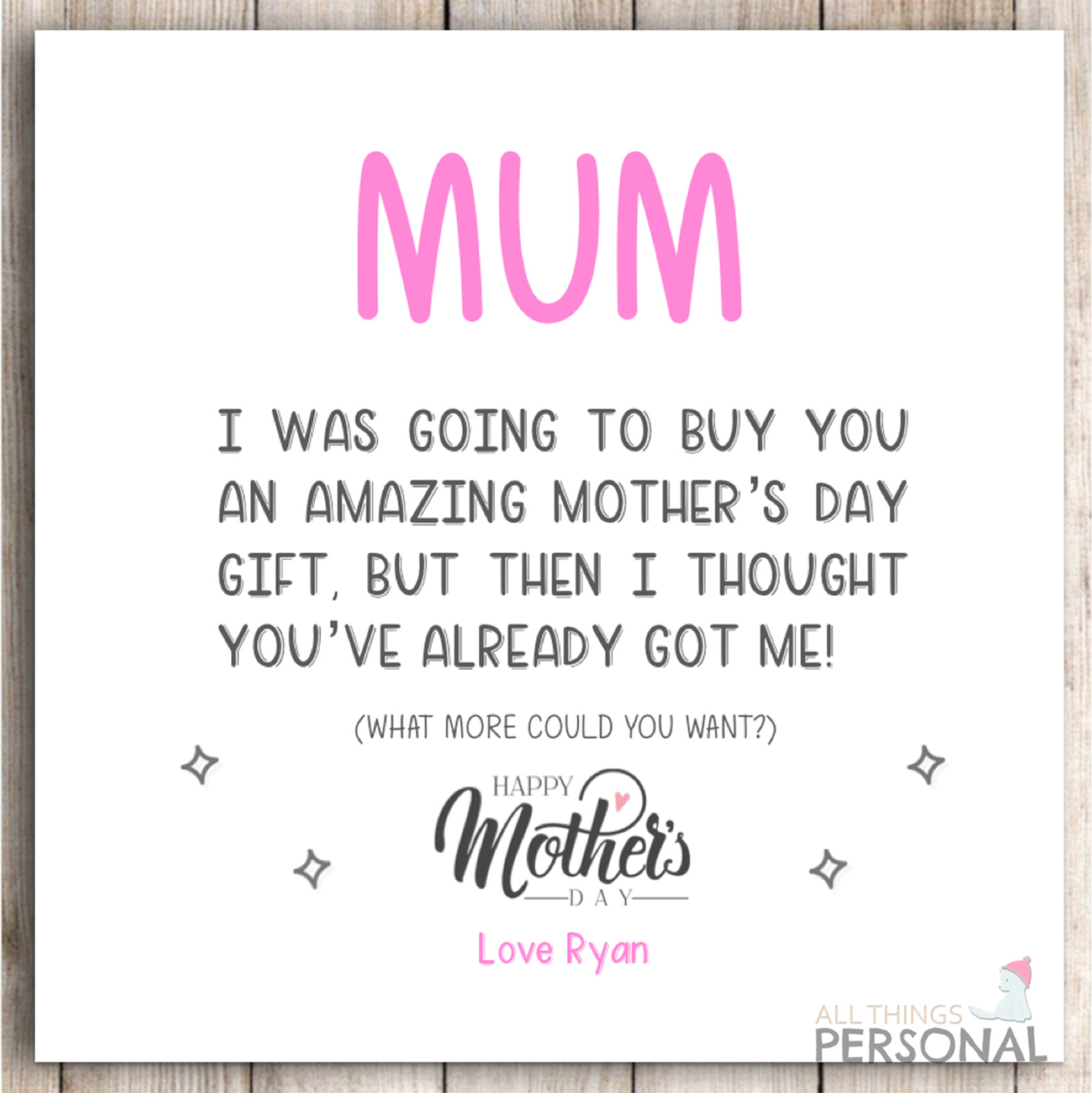Funny Mothers Day Card Personalised Mother's Day for Mum Mom Humour Rude Joke