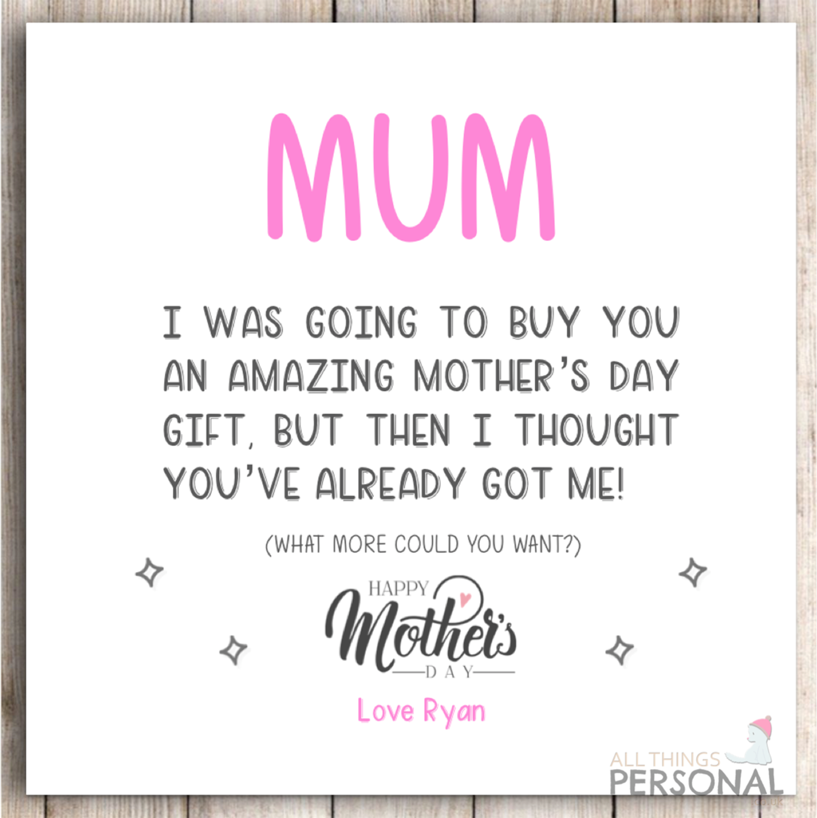Funny Mothers Day Card Personalised Mother's Day for Mum Mom Humour Rude Joke