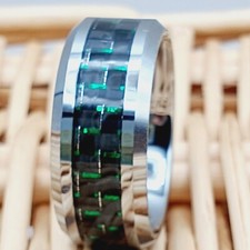 Thick Silver Tungsten Men s Wedding Band with Green Carbon Fiber Accent Ring