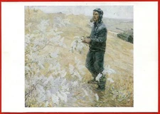 1986 WW2 Military War Bird cherry blossoms Tankman TANK OLD Russian Postcard