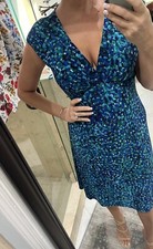 RALPH LAUREN V-NECK Cap Sleeve Fit Flare BLUE & Teal KNIT Jersey DRESS Size L