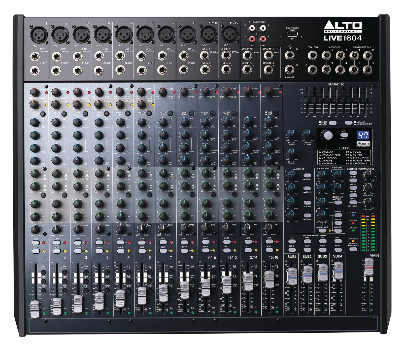 Alto Live 1604 16-канальный микшерный пульт с 4 шинами, 60-миллиметровый фейдер, 100-канальный DSP-эффект USB