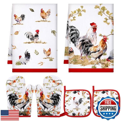 Bencailor 6 Pcs Rooster Kitchen Towels Pot Holders and Oven Mitts Set Soft Co