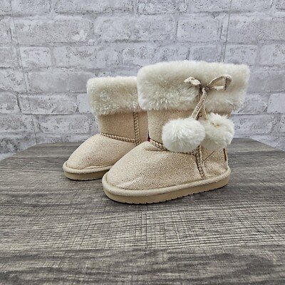 NWT Rampage Girl's Fashion Boots Tan & Cream Faux Fur Trim Kids Size 8