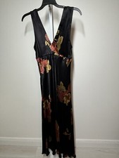 Vtg 90s NCLove Rayon Maxi Evening Dress Sleeveless Black Floral Print USA Made S