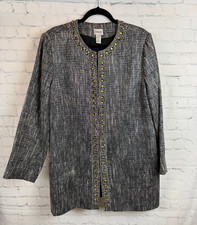 CHICO'S black white silver yellow crystal chain long jacket blazer coat 3 XL 
