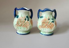 Lot 2pc Antique Hand Painted Majolica Japanese Pottery Vases From The 1930s