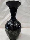 Vintage Fenton Ebony Black 9 1/2" Vase, Hand Painted Silver Poppies