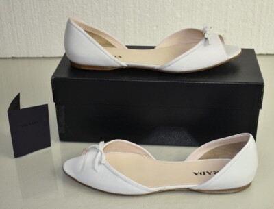 NEW in Box Prada Peep Toe Leather Flats White Leather Bow