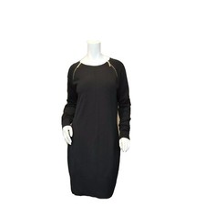 Michael Kors Black Cotton blend Long Sleeve Gold Logo Zippers Sweater Dress sz M