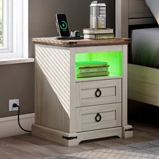 Farmhouse Nightstand with Charging Station & 2 Drawers Bedside Table For Bedroom