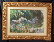 Quadro Vintage Dipinto a Olio Cavalli in Corsa