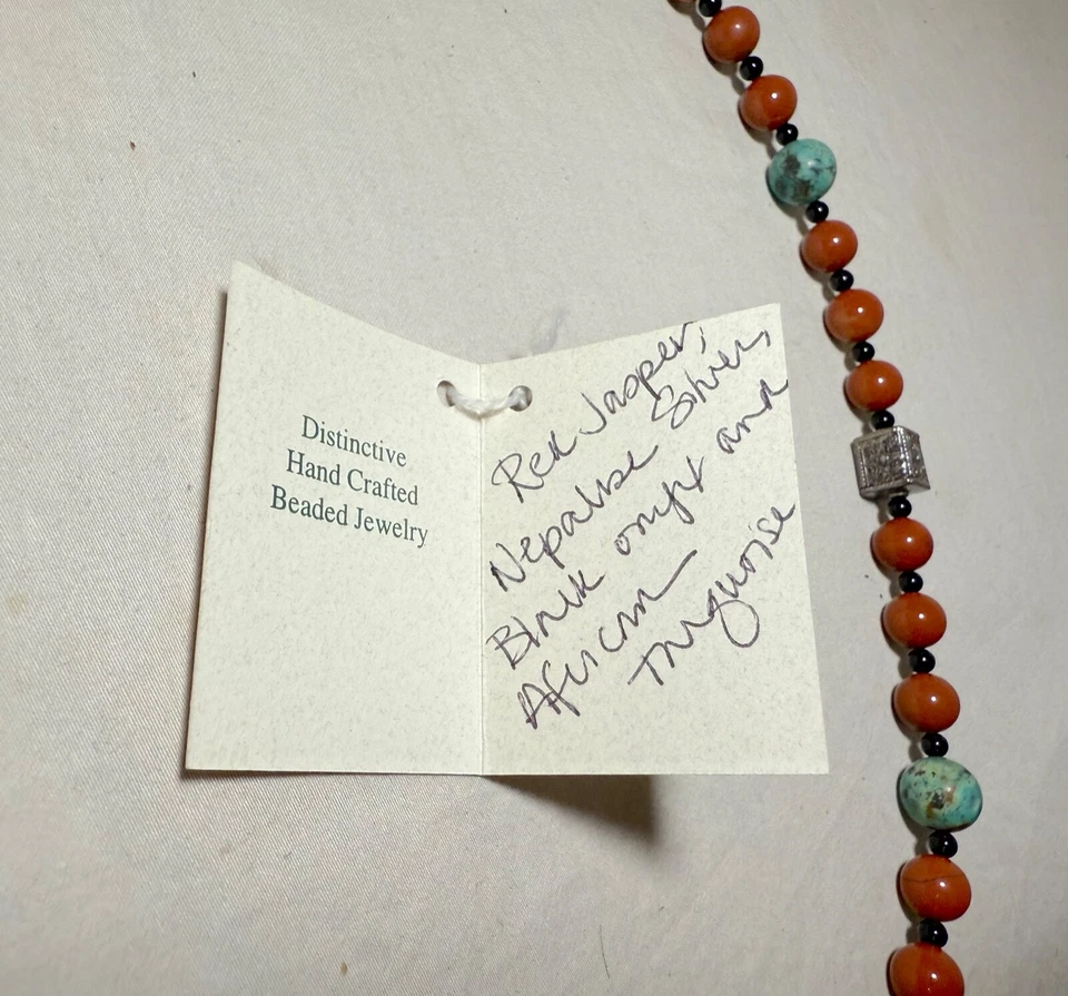 Handmade artisan red jasper sterling filigree silver turquoise onyx necklace - Image 2 of 4